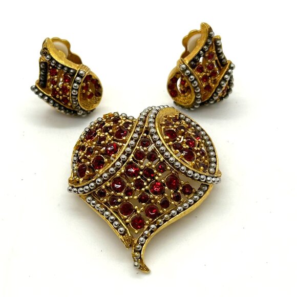 Vintage Gold-Tone Rhinestone Heart Brooch Matching Clip-On Earrings Robert Rose - Picture 2 of 16